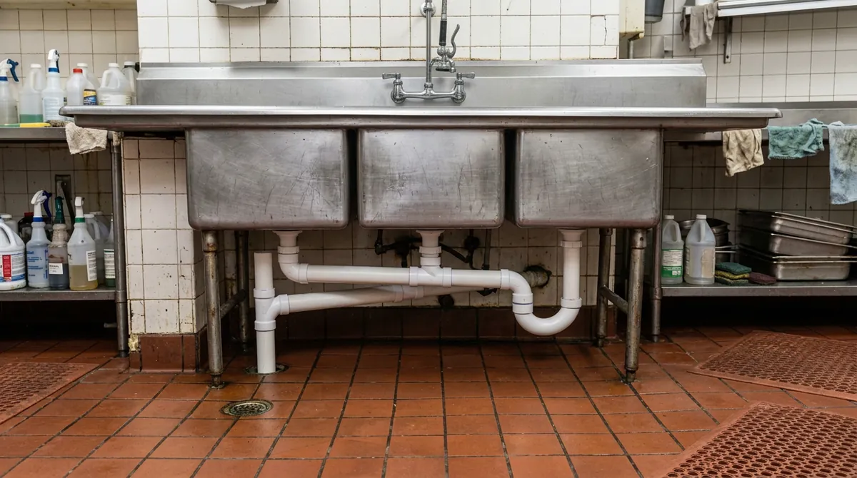 After: The same restaurant kitchen sink area, now with new neat plumbing, a new pre-rinse faucet and a dry clean floor, same angle and same light