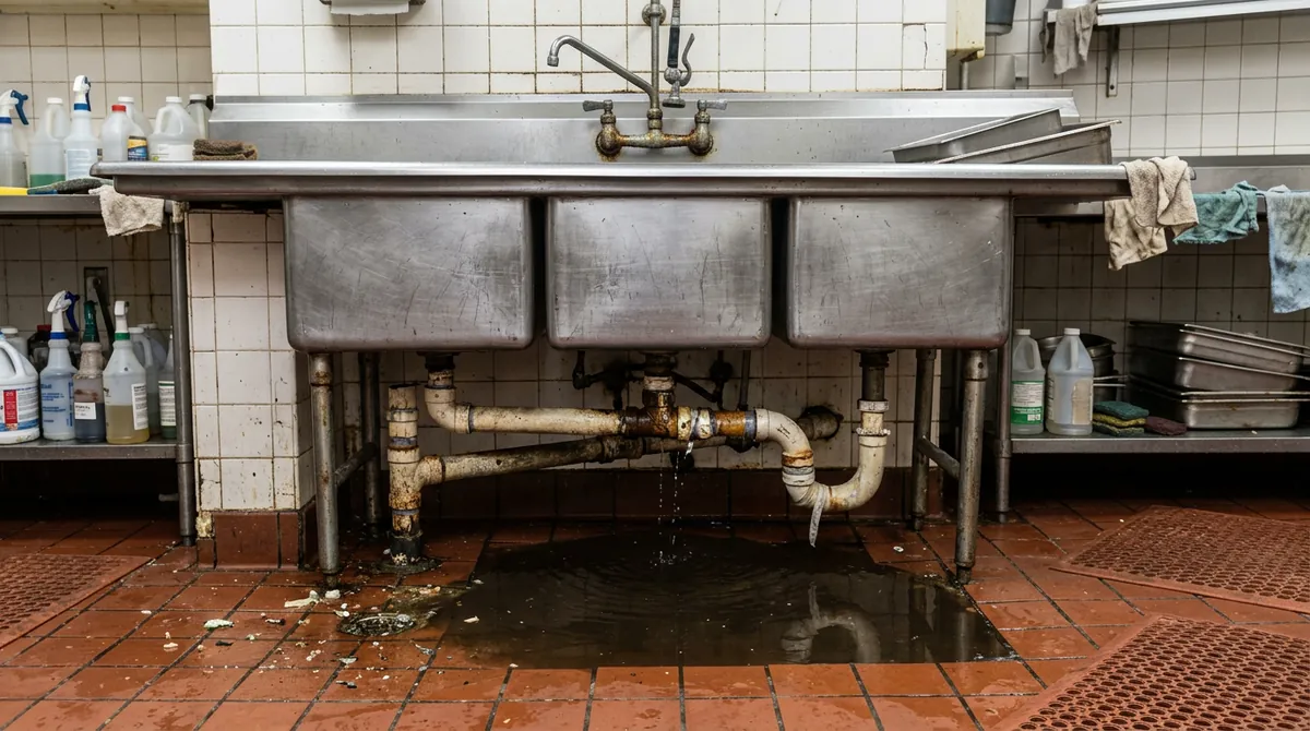 Before: A restaurant kitchen sink area with old leaking pipes, a standing puddle on the floor and tired fixtures