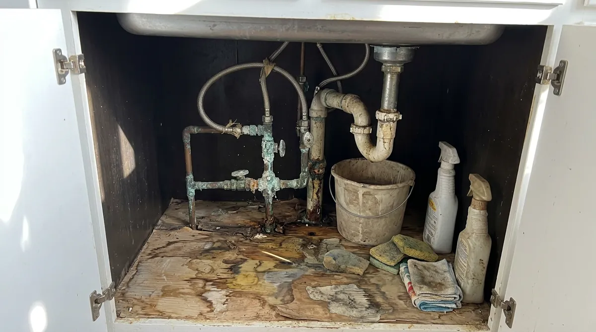 Before: A kitchen under-sink cabinet with old corroded supply lines and valves, green mineral crust, a water-stained cabinet floor and a plastic bucket, harsh light