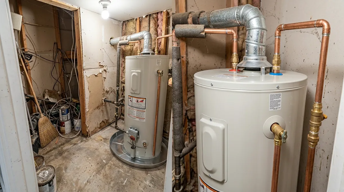 After: The same utility closet, now with a new clean water heater with new connections, a drain pan and a clean floor, same angle and same light