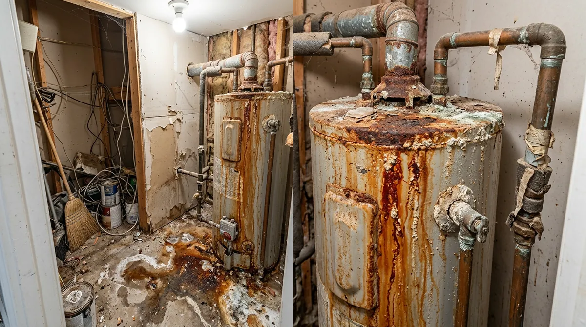 Before: A utility closet with an old rusty tank water heater with corrosion streaks, scale stains on the floor and tired piping, dim light