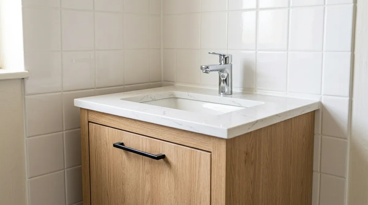 After: The same bathroom, now with a new modern vanity with a quartz top, a chrome faucet and the same tile cleaned and tidy, same angle and same light