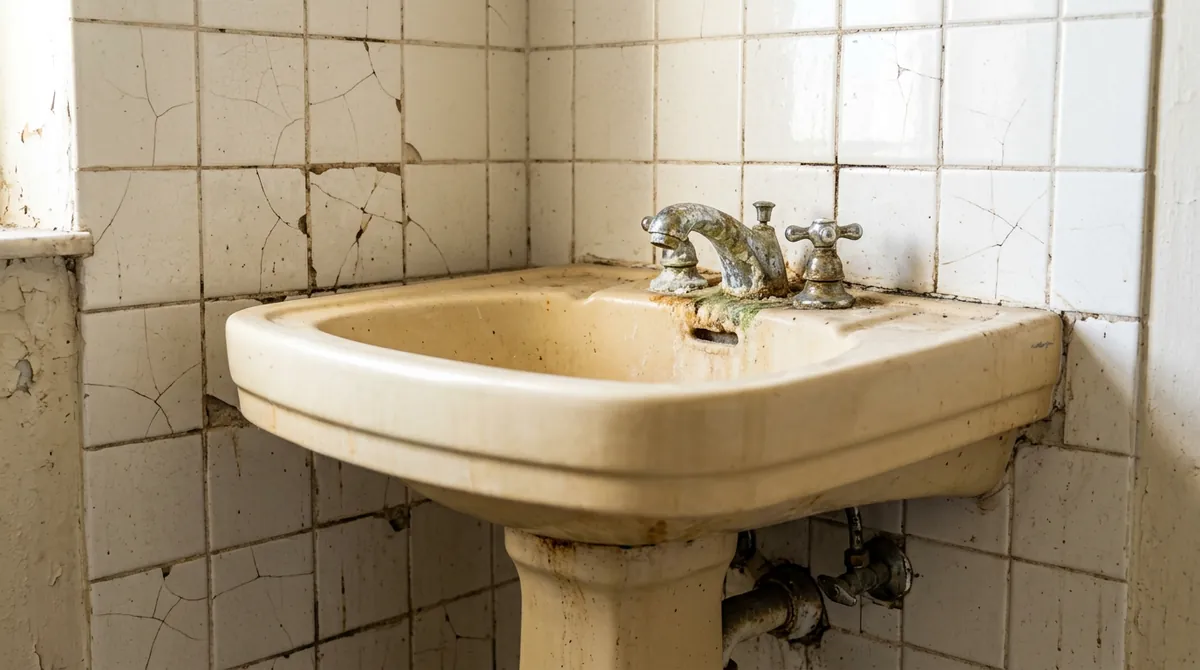 Before: A bathroom with a dated yellowed pedestal sink, a crusty old faucet and a cracked tile wall