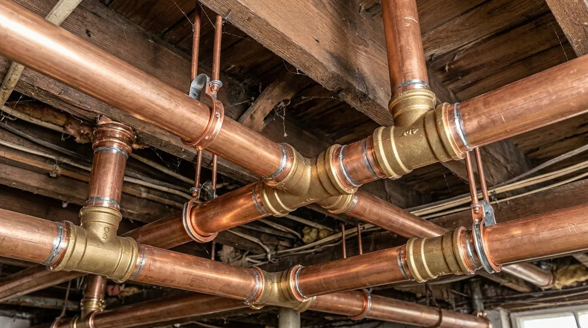 After: The same basement ceiling, now with new shiny copper water lines with new fittings and hangers and clean dry joists, same angle and same light