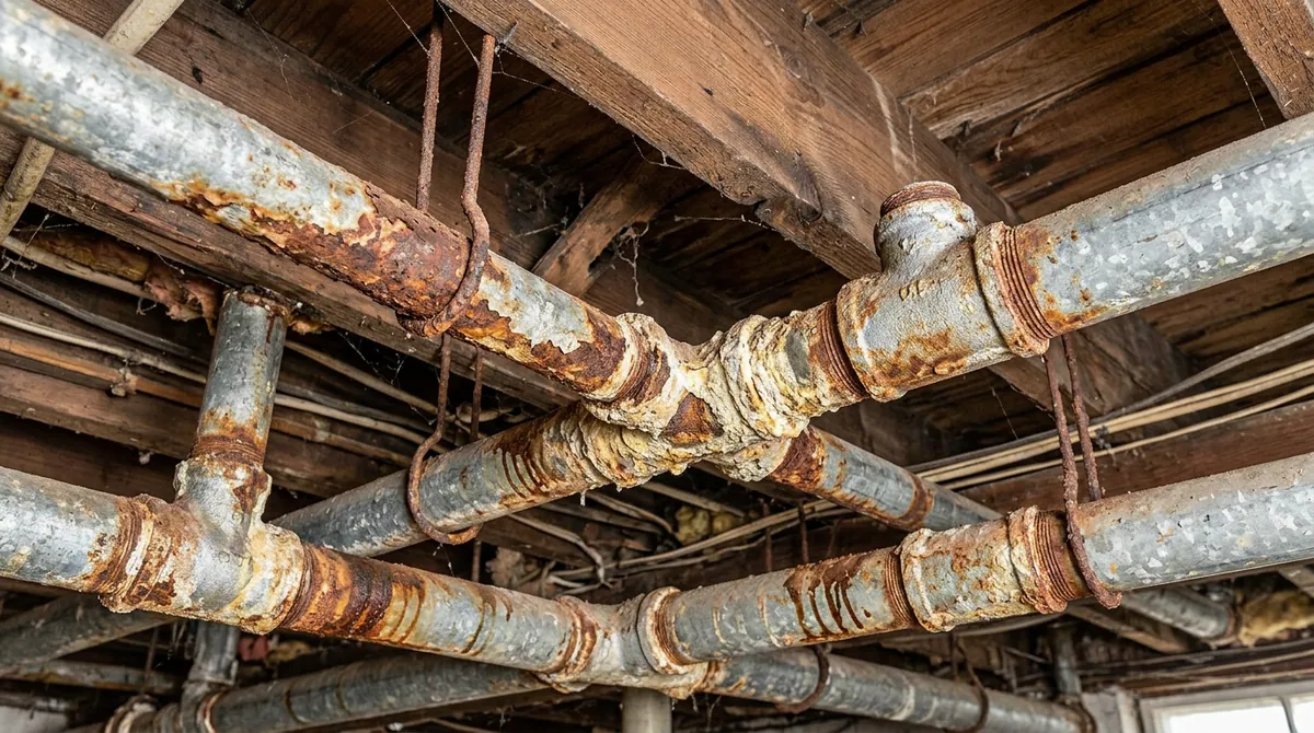Before: A basement ceiling with old rusty galvanized steel water pipes with heavy corrosion and scale and a few drip stains