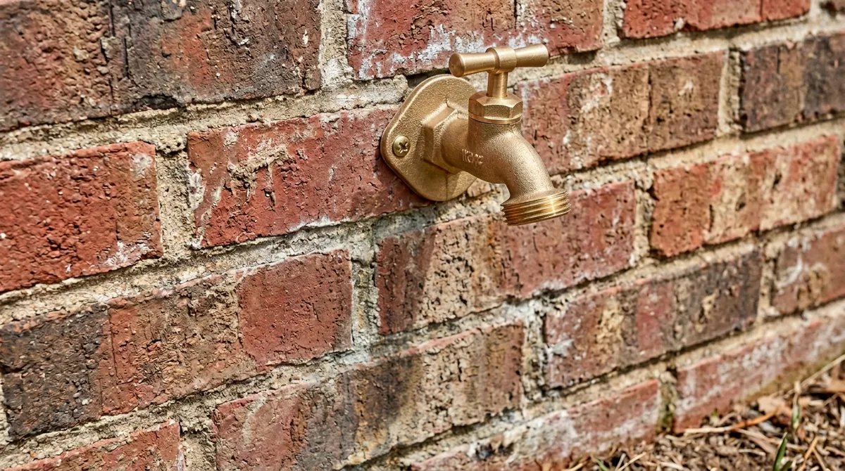 After: The same brick wall, now with a new brass hose bib and a clean dry wall below it, same angle and same light