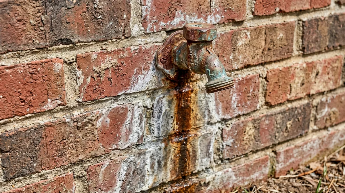 Before: A brick wall with an old rusty outdoor hose bib with mineral stains and drip marks below it