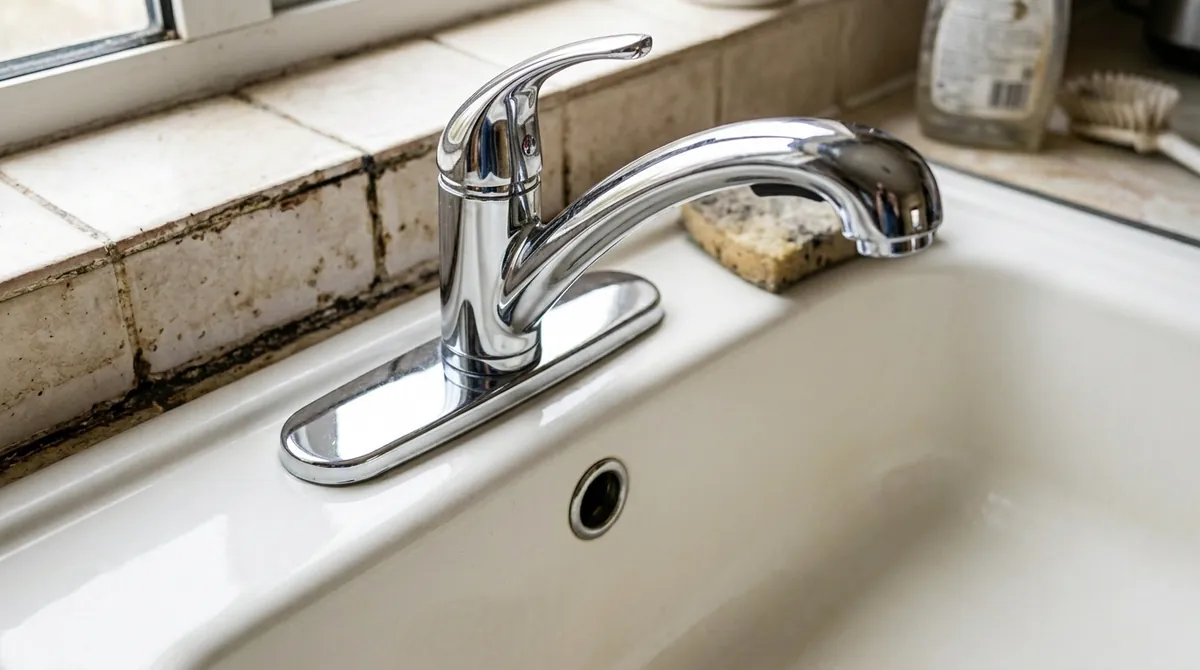After: The same kitchen sink, now with a new modern pull-down faucet and a clean basin, same angle and same light