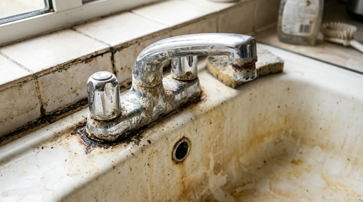Before: A kitchen sink with an old crusty chrome faucet with mineral buildup and a stained basin, soft light
