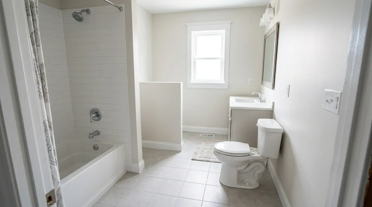 After: The same bathroom space, now finished with a tub, toilet, vanity and fixtures installed and walls closed, same angle and same light