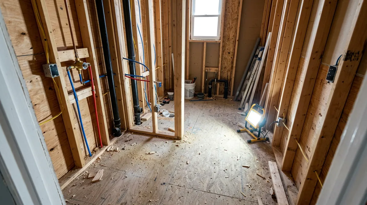 Before: A bathroom with bare studs, exposed supply and drain rough-in pipes and a subfloor, work light