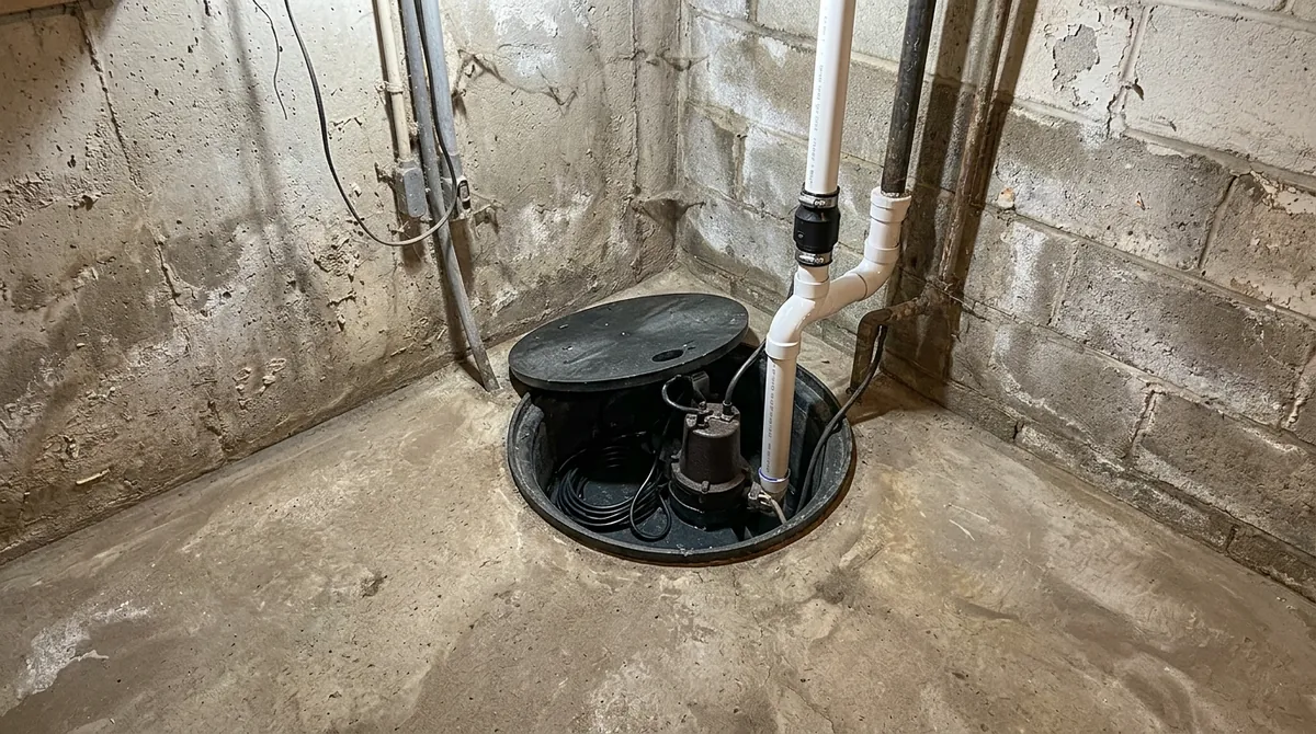 After: The same basement corner, now with a new sump pump and discharge line in the pit and a dry clean concrete floor, same angle and same light