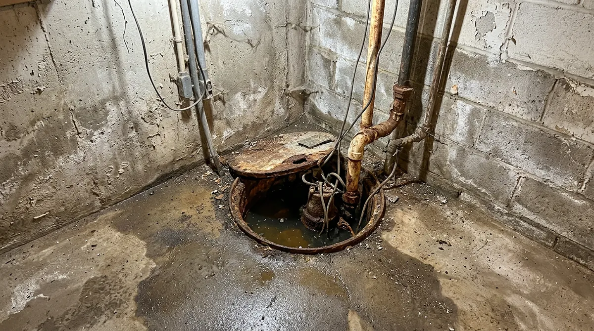 Before: A basement corner with an old rusty sump pit with standing water and a damp concrete floor