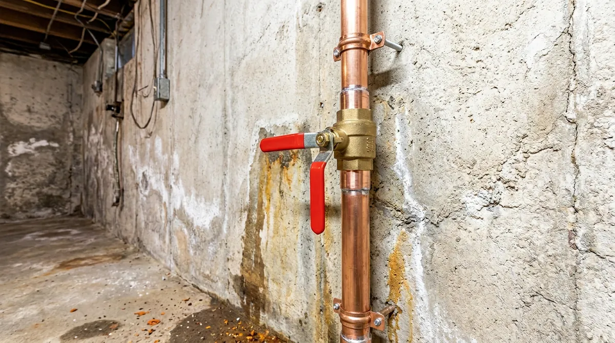 After: The same basement wall, now with a new brass ball valve shutoff on clean new copper pipe, same angle and same light