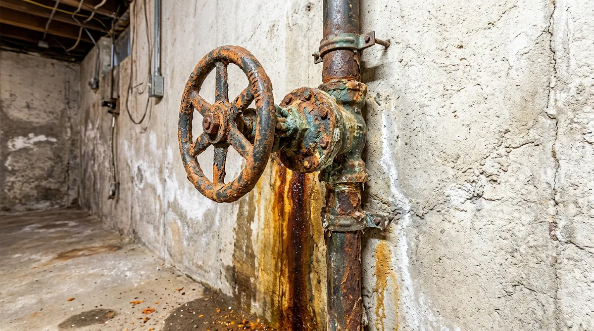 Before: A basement wall with an old corroded gate valve main shutoff on rusty pipe with drip stains