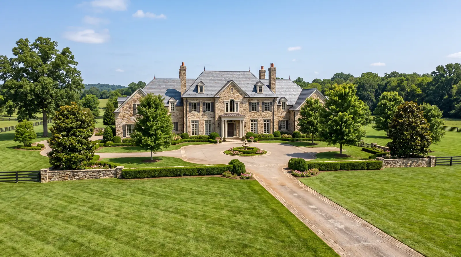 A grand stone estate home in Williamson County with a symmetrical front, tall windows, manicured lawn and a long driveway