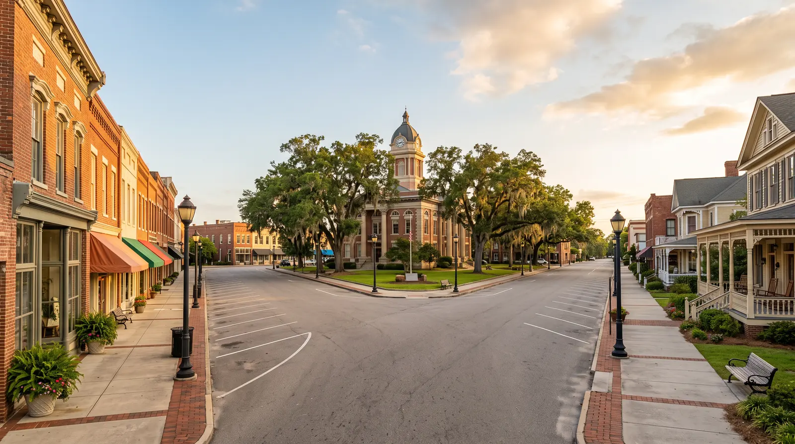 A historic Southern town square with brick storefronts, a courthouse and charming older homes with deep porches, golden hour, tidy sidewalks