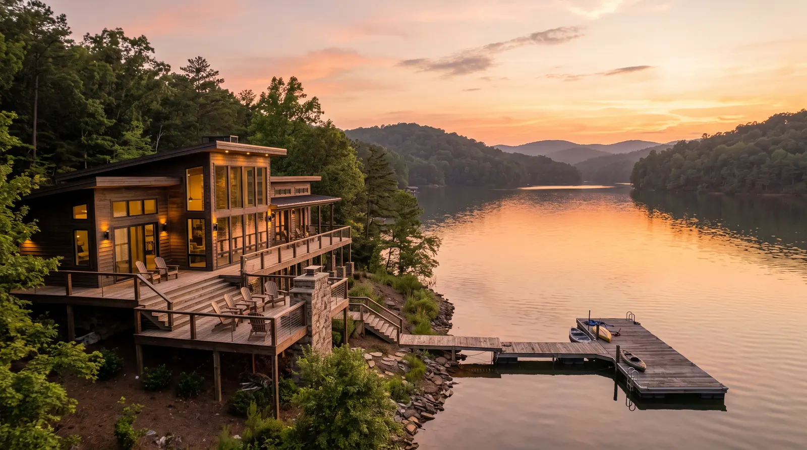Lake Community Home With a Dock | Prodigy Plumbing & Drain A modern lake-community home on a Tennessee lake with a wooden dock, adirondack chairs on a deck and calm water at sunset
