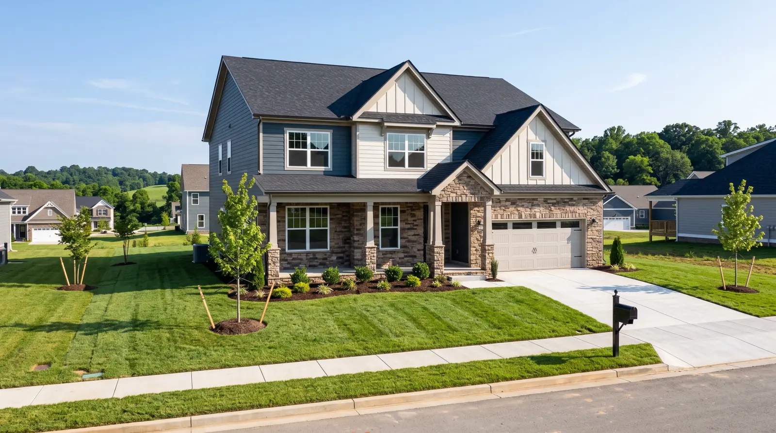 New Construction Neighborhood | Prodigy Plumbing & Drain A newer two-story stone-and-siding home in a new Tennessee neighborhood with fresh sod and young trees and a tidy driveway
