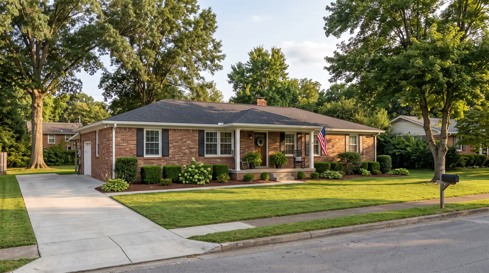 Established Suburban Neighborhood Home | Prodigy Plumbing & Drain A brick ranch home in an established Middle Tennessee suburb with neat landscaping, a clean driveway and a tidy front porch, soft afternoon light