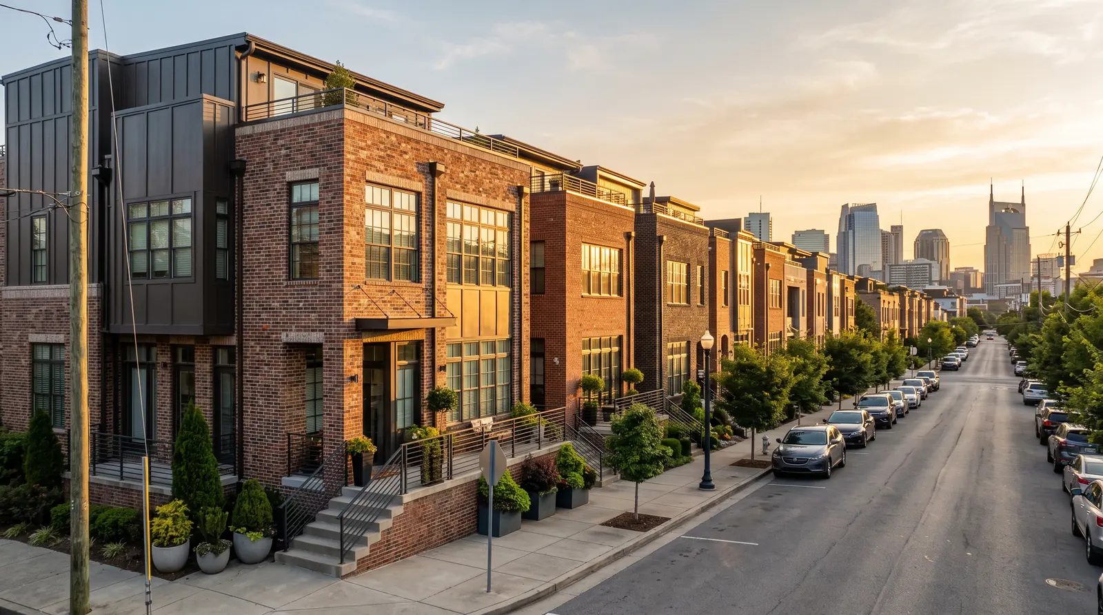 A row of modern brick townhomes and condos in an urban Nashville-style neighborhood at golden hour with tidy entries and planters and a city skyline in the distance