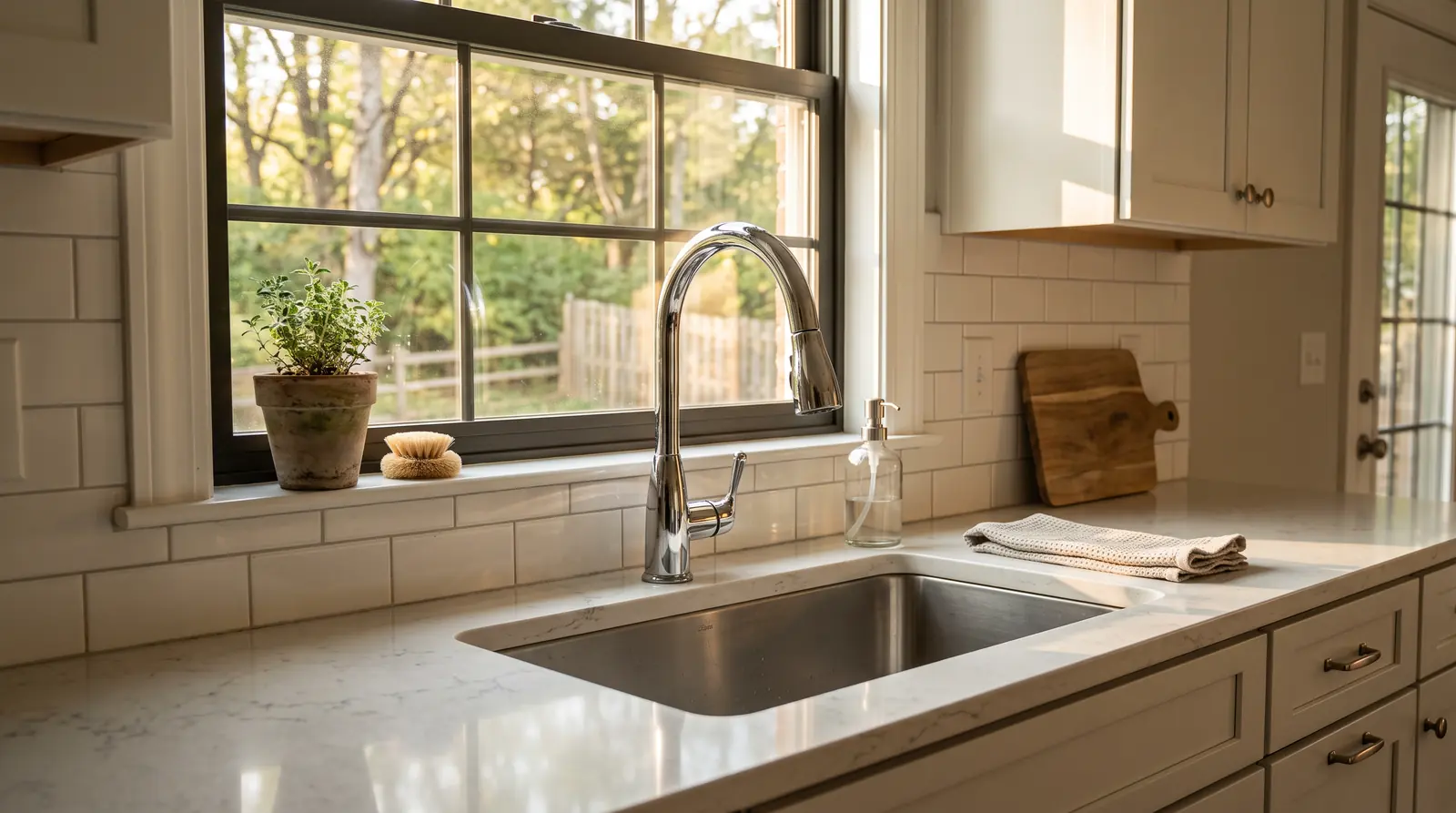 Modern Kitchen With a Gleaming Chrome Faucet | Prodigy Plumbing & Drain A bright modern kitchen in a Tennessee home with a gleaming chrome pull-down faucet over a deep stainless steel sink, white subway tile, quartz counters and warm afternoon sun through the window