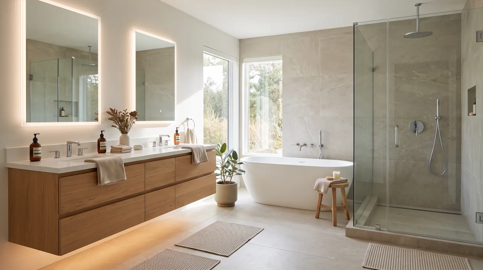 A serene modern bathroom with a freestanding tub, a wall-mounted chrome tub filler, a glass walk-in shower with a rain head and a floating double vanity, soft natural light