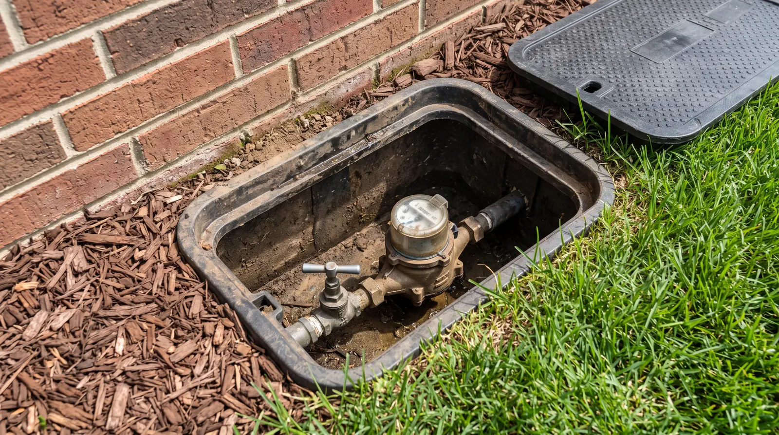 A water meter and main shutoff valve in a ground-level meter box beside a brick foundation, tidy grass and mulch, daylight