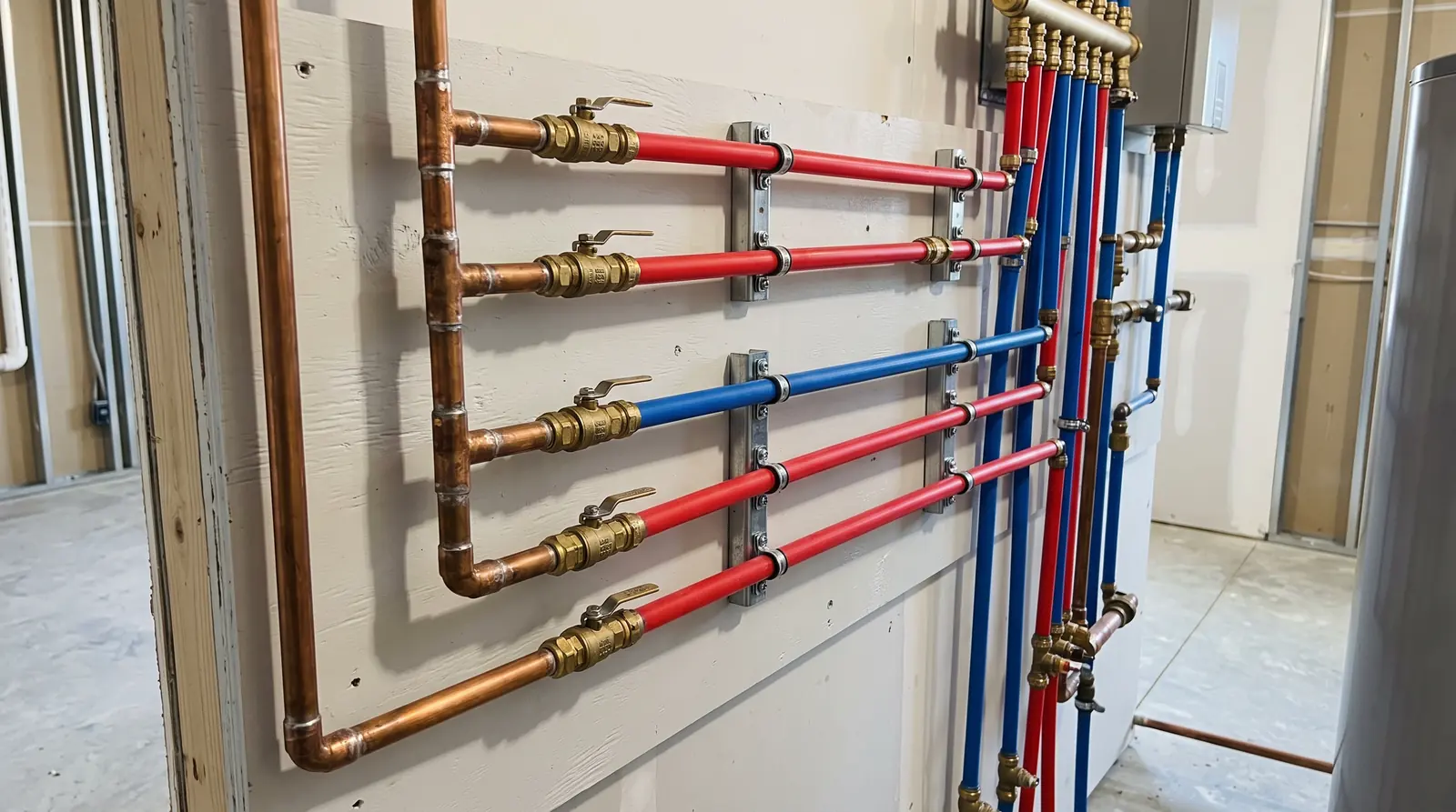 Neat Copper and PEX Supply Lines in a Utility Room | Prodigy Plumbing & Drain Neatly installed copper and color-coded red and blue PEX supply lines in a clean utility room with brass shutoff valves and tidy pipe hangers