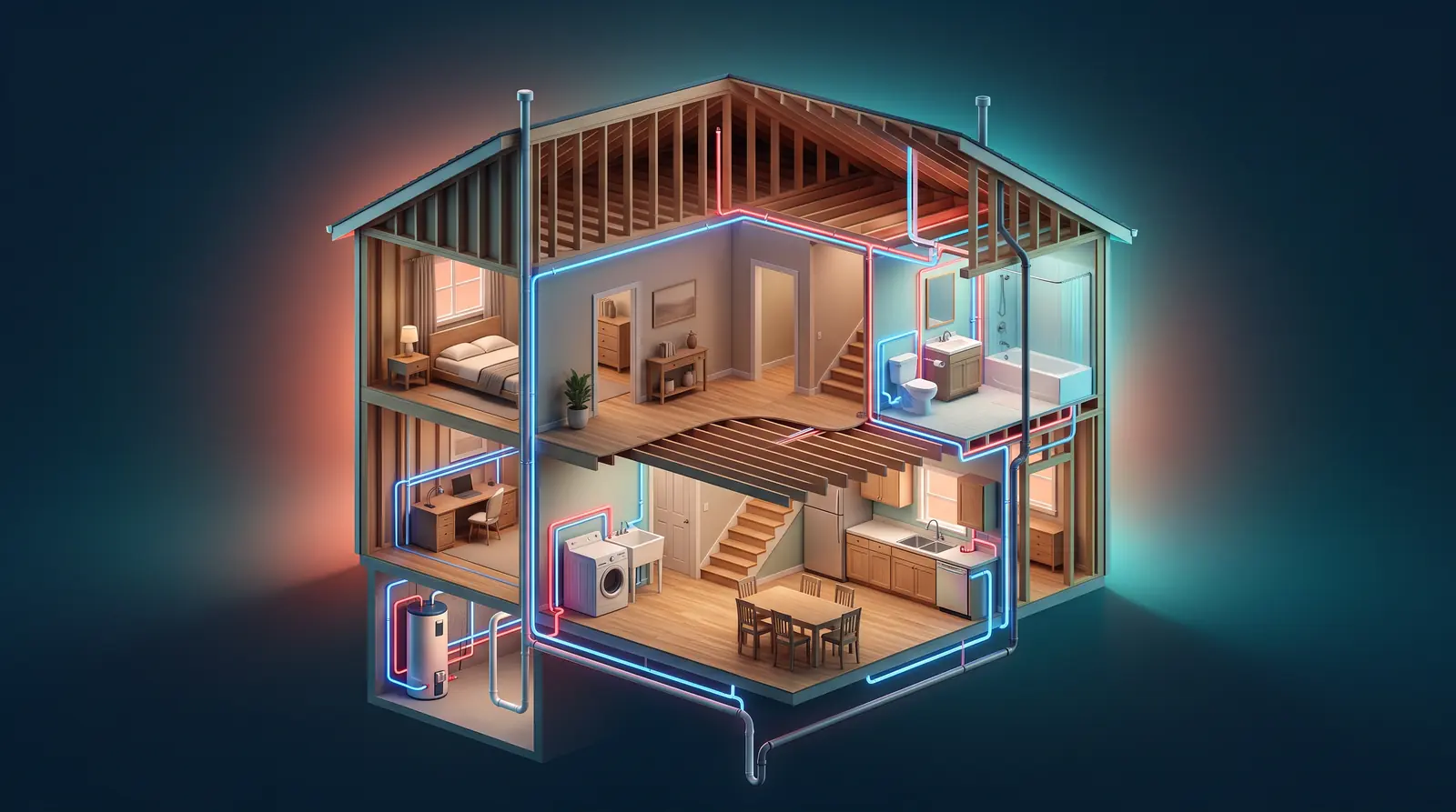 Cutaway of a Home Plumbing System | Prodigy Plumbing & Drain A detailed 3D isometric cutaway of a two-story house showing its plumbing system: blue and red supply lines, drain lines, a water heater, a kitchen sink, a bathroom and a laundry room, all glowing softly