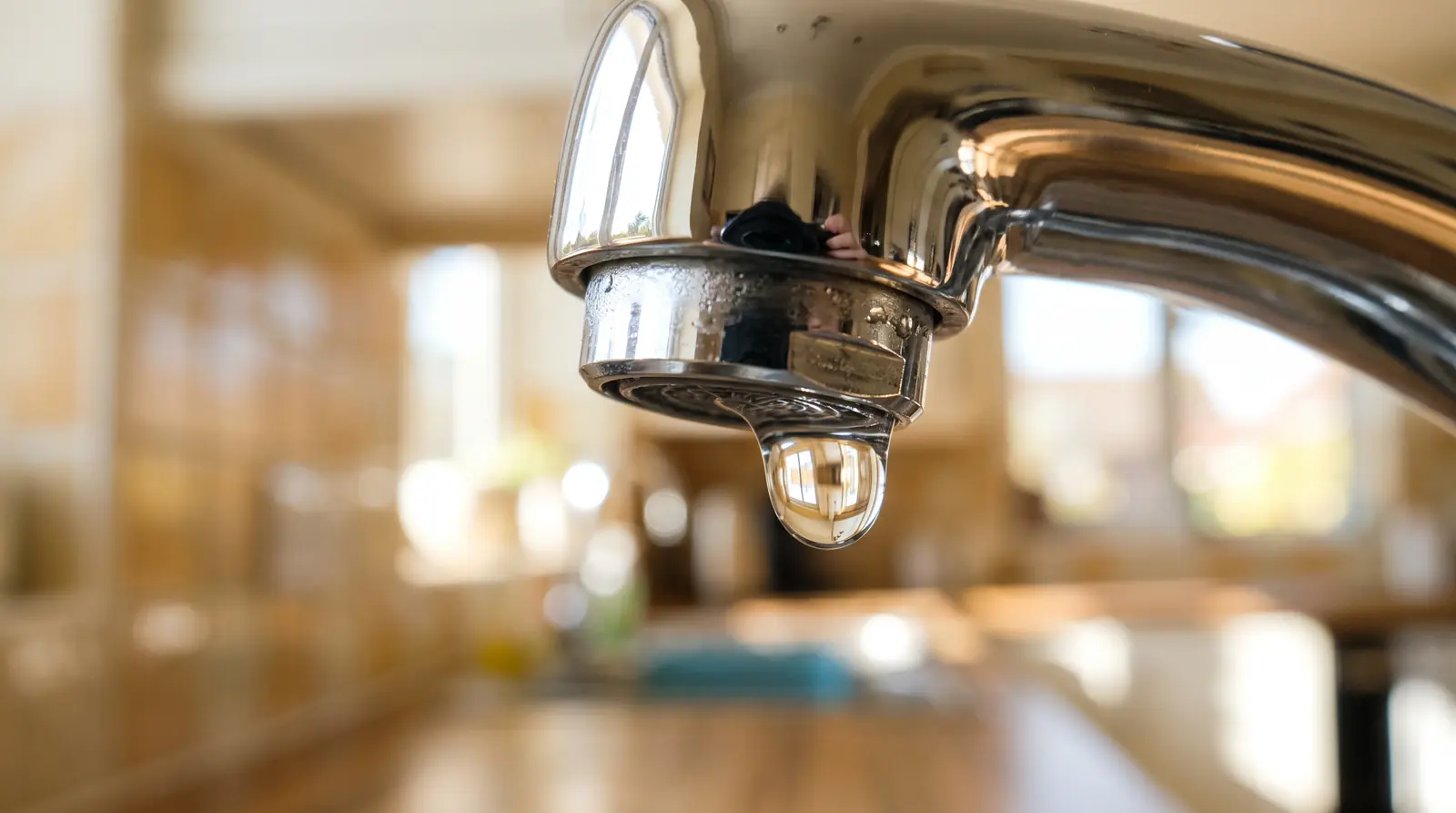 A macro close-up of a gleaming chrome faucet spout with a single water droplet about to fall, crisp bokeh background of a bright kitchen, shallow depth of field