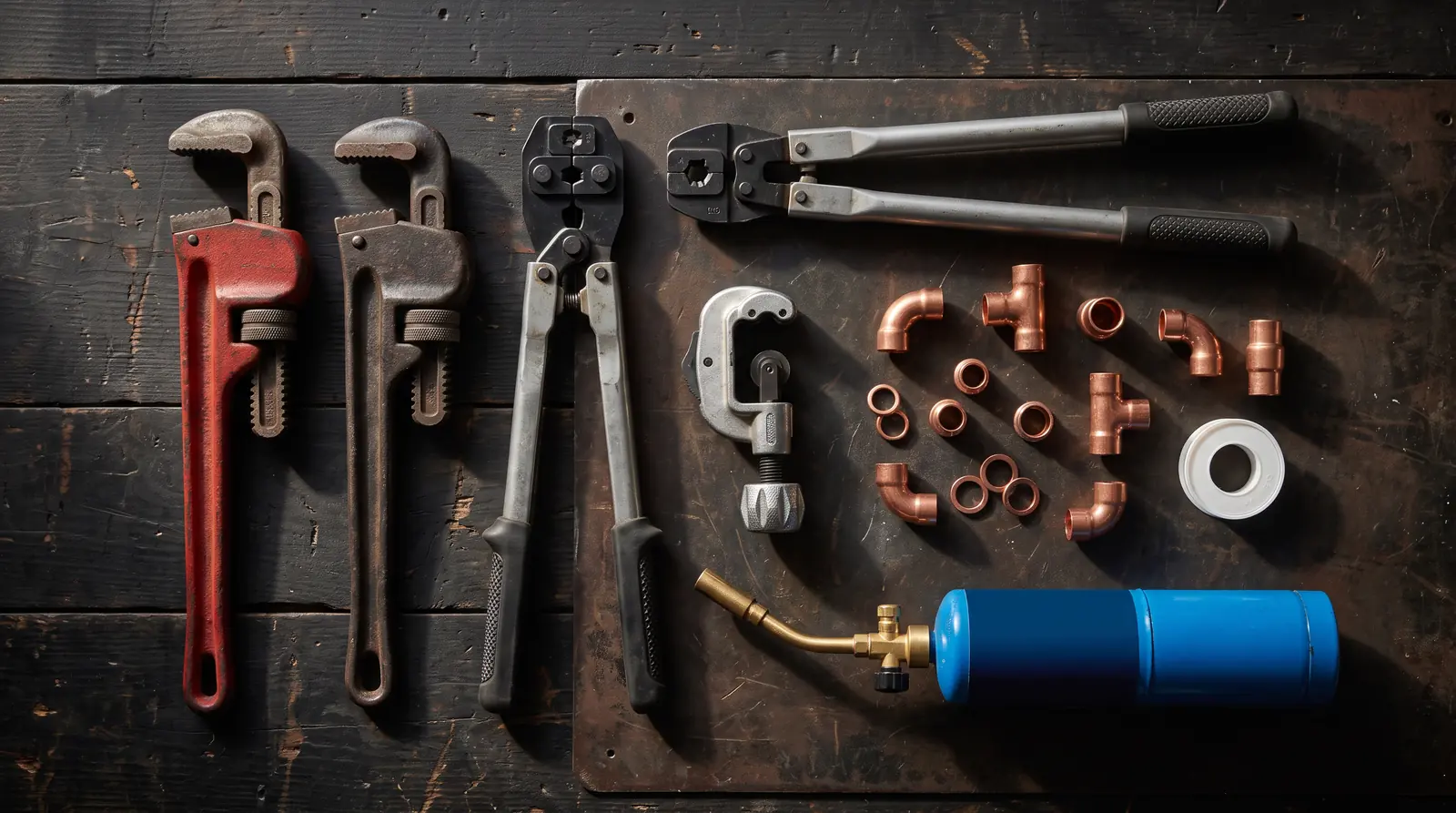 Professional Plumbing Tools on a Workbench | Prodigy Plumbing & Drain A neat flat-lay on a dark workbench of professional plumbing tools: pipe wrenches, a tubing cutter, a PEX crimp tool, copper fittings, thread seal tape and a torch, dramatic side light