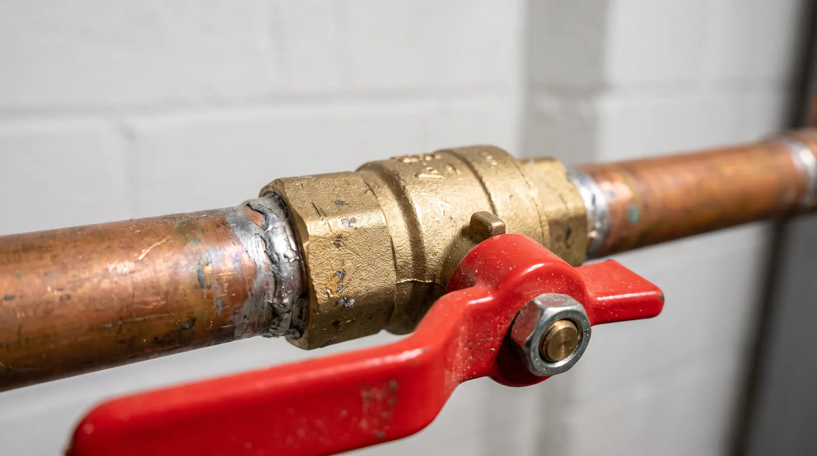 Brass Shutoff Valve Close-Up | Prodigy Plumbing & Drain A macro close-up of a brass quarter-turn shutoff valve with a red handle on a copper pipe, clean basement wall behind, shallow depth of field