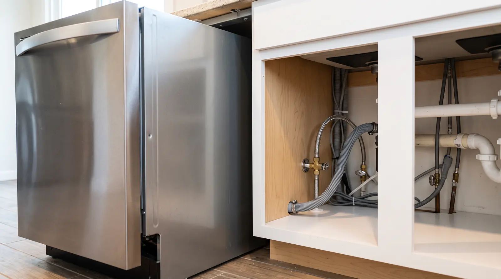 Dishwasher and Appliance Hookups | Prodigy Plumbing & Drain A stainless dishwasher partly pulled out showing a new braided supply line and drain hose connections in a tidy cabinet space
