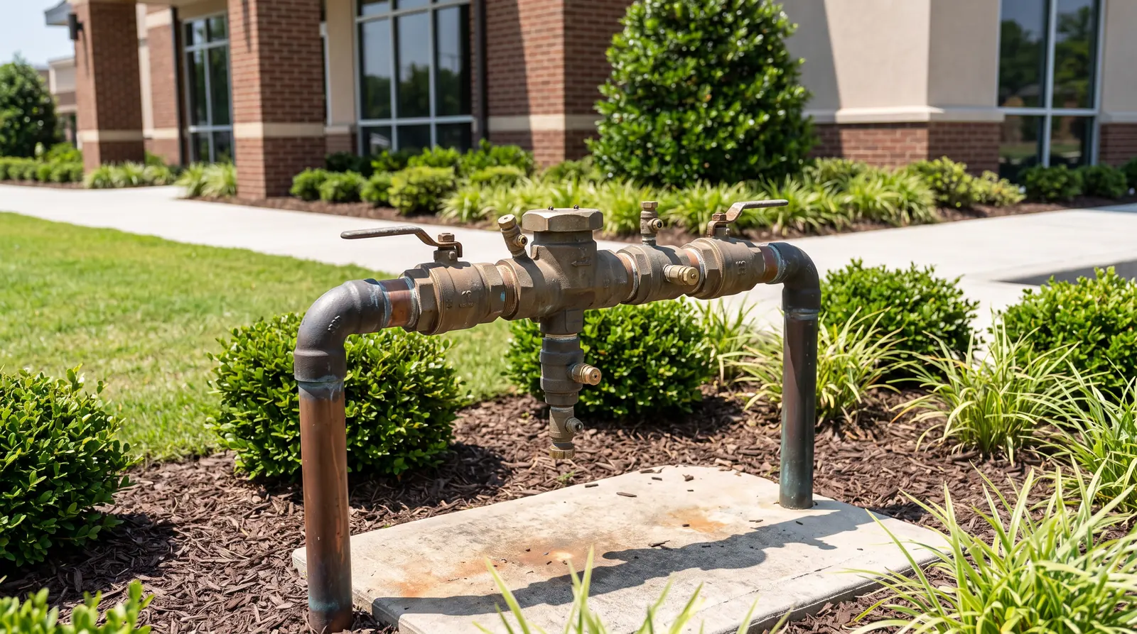A backflow preventer assembly with brass valves and test cocks installed on an outdoor commercial water line, clean landscaping