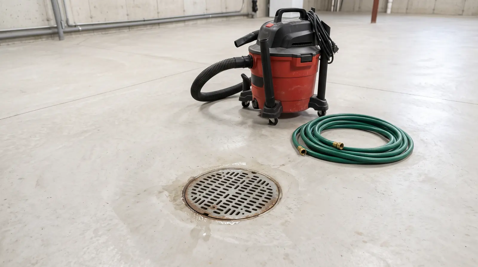Sewage Backup Emergency | Prodigy Plumbing & Drain A basement floor drain with a metal cover, a wet-dry vacuum and a coiled hose nearby on a clean concrete floor