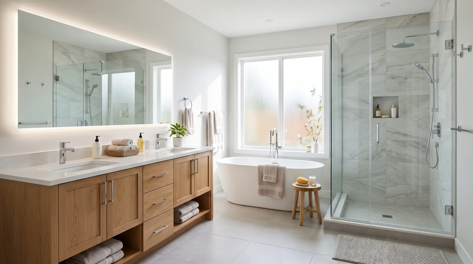 A complete modern bathroom with a double vanity, tub and shower, chrome fixtures and fresh tile, bright natural light