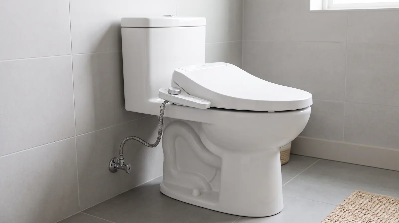 Bidet and Smart Toilet Installation | Prodigy Plumbing & Drain A modern bidet seat attachment on a white toilet with a small supply connection, minimalist bathroom, soft light