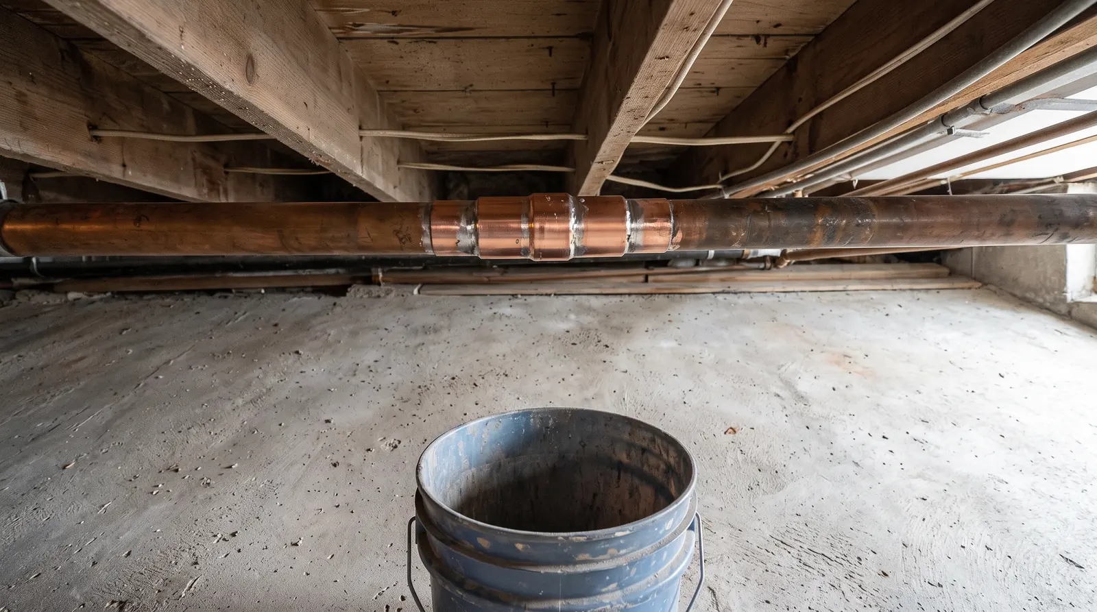 A basement ceiling with an exposed copper pipe section freshly repaired with a new coupling, a bucket on the floor and dry clean concrete below