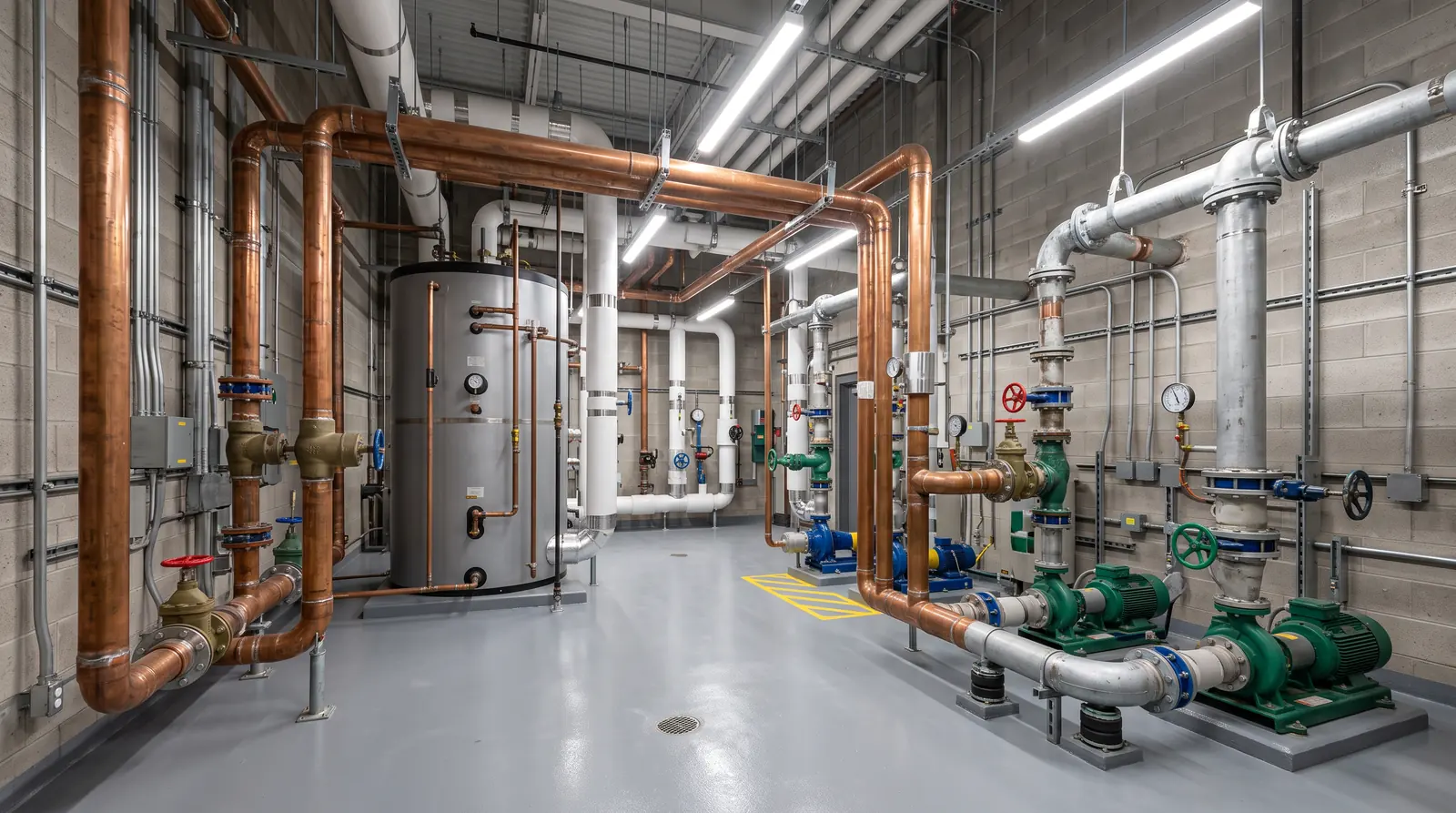 Commercial Plumbing | Prodigy Plumbing & Drain A clean organized commercial mechanical room with large copper and steel pipes, valves, gauges and a water heater