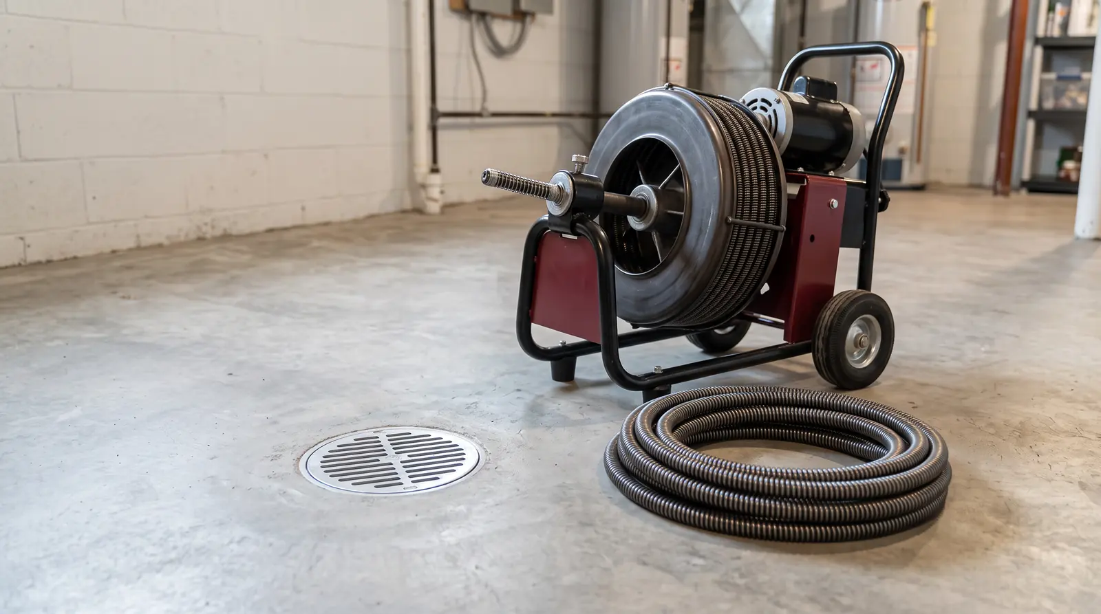 A drain cleaning machine with a coiled steel cable sitting neatly beside a clean floor drain on a basement floor