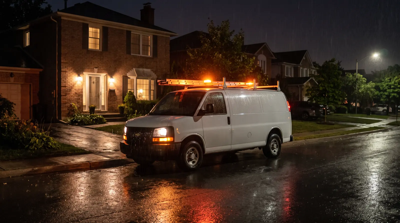 24/7 Emergency Plumbing | Prodigy Plumbing & Drain A night scene on a residential street with a plain plumbing service van with orange hazard lights glowing in front of a brick house in light rain, no logos or lettering