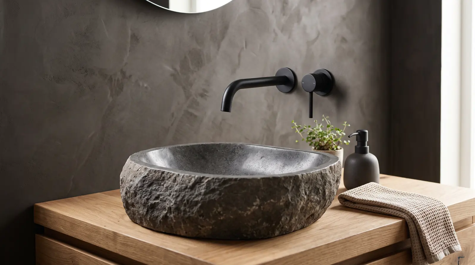 A sleek matte black wall-mounted bathroom faucet over a stone vessel sink, modern, soft light