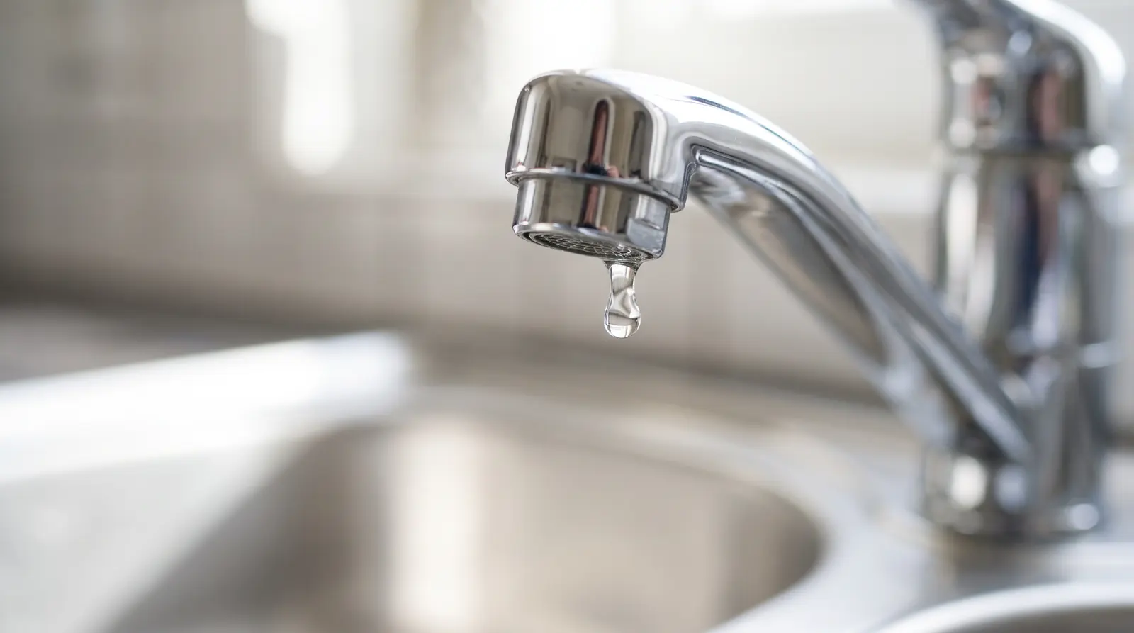 Dripping Faucet Repair | Prodigy Plumbing & Drain A modern chrome kitchen faucet with a single drop of water at the spout over a clean sink, macro, soft light