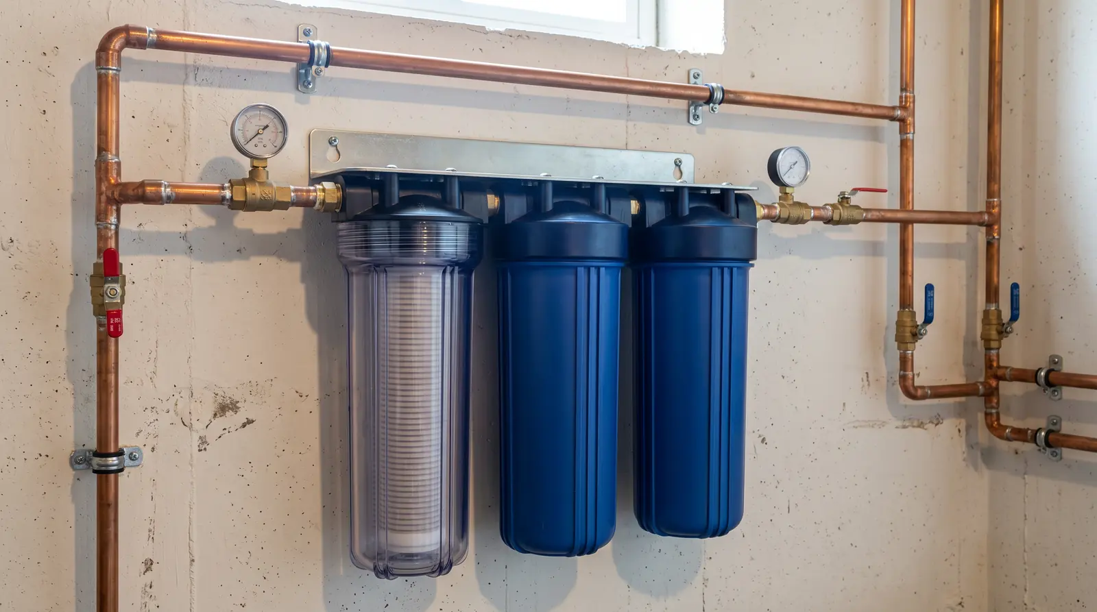 Whole-Home Water Filtration | Prodigy Plumbing & Drain A whole-house water filter system with clear and blue canisters mounted on a copper line on a utility wall