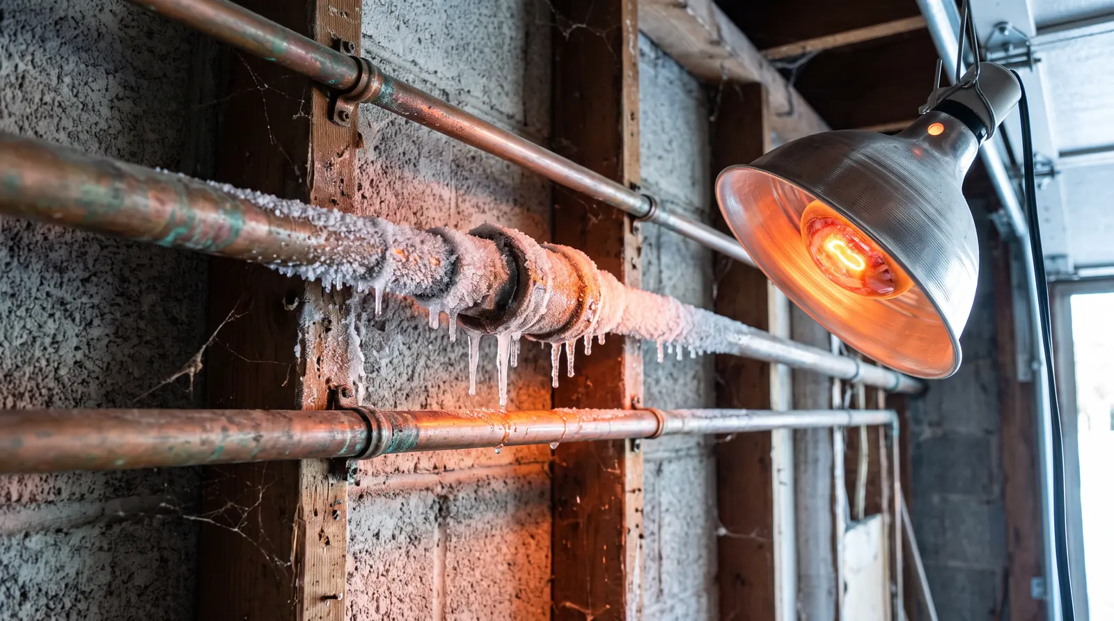 Frozen Pipe Repair and Thaw | Prodigy Plumbing & Drain Copper pipes along a cold garage wall coated with frost and icicles at a joint, a heat lamp glowing beside them, winter light