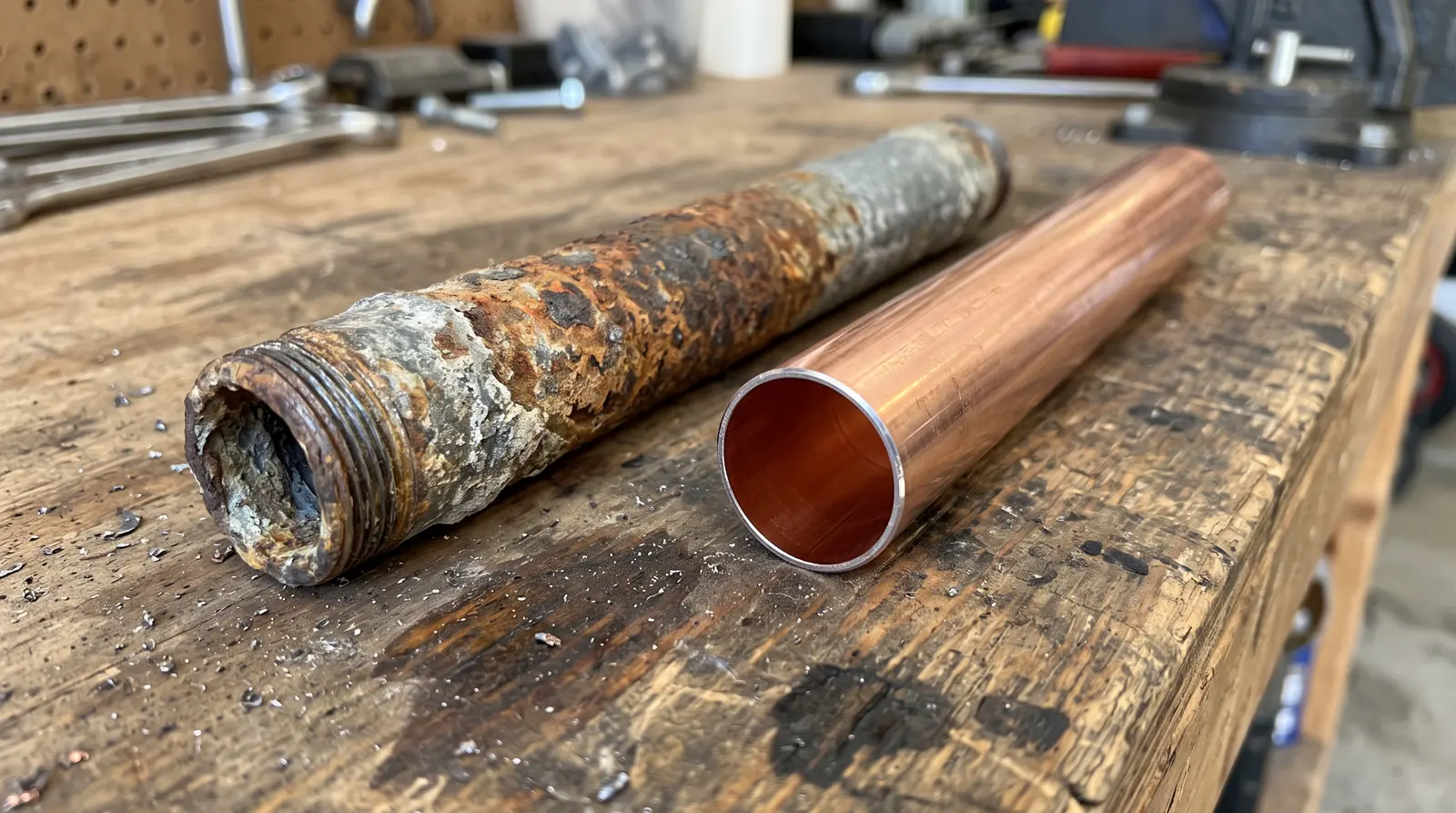 Galvanized and Polybutylene Pipe Replacement | Prodigy Plumbing & Drain Side by side on a workbench: an old corroded galvanized steel pipe section with rust and scale beside a shiny new copper pipe section