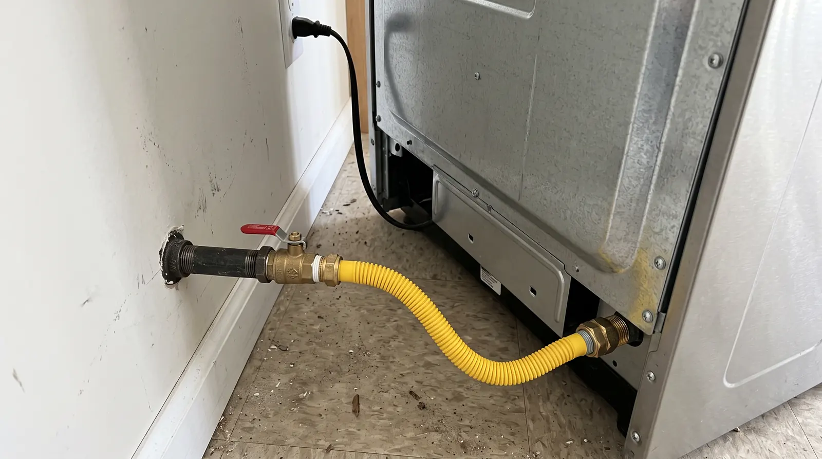 Gas Line Installation and Repair | Prodigy Plumbing & Drain A black iron gas pipe run to a stainless gas range with a yellow flexible connector and a shutoff valve visible behind the range