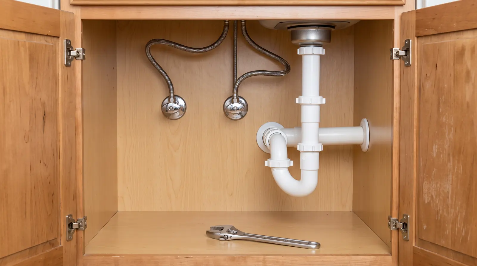 General Plumbing Repairs | Prodigy Plumbing & Drain A tidy under-sink cabinet in a bright kitchen showing neatly connected chrome supply lines, shutoff valves and a P-trap, with a small adjustable wrench resting beside them