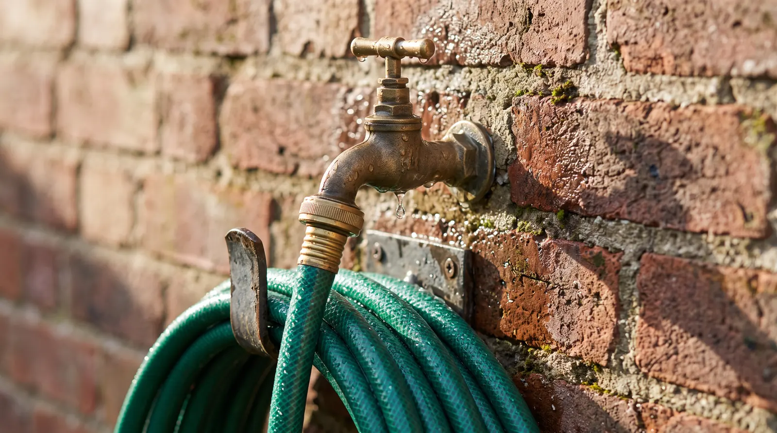A brass outdoor hose bib on a brick wall with a coiled green garden hose and water drops, morning light